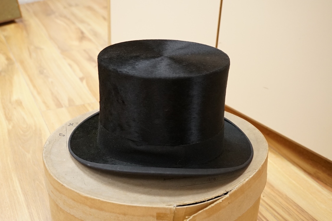 A G A Dunn and Co brushed silk black top hat, boxed, 16cm high